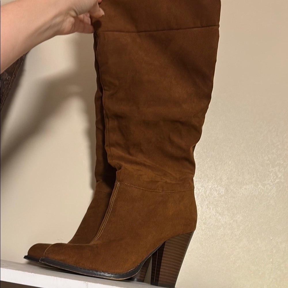 Brown Faux Suede Knee-High Boots
